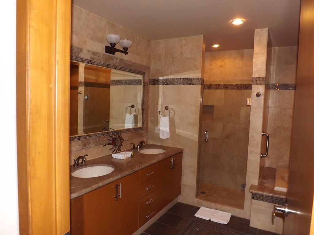 Large bathroom with two sink vanity