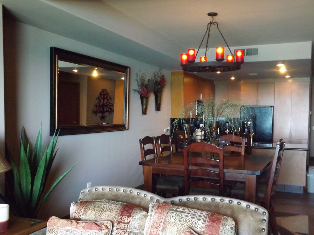 Pleasing dining and kitchen area in this hotel-like room