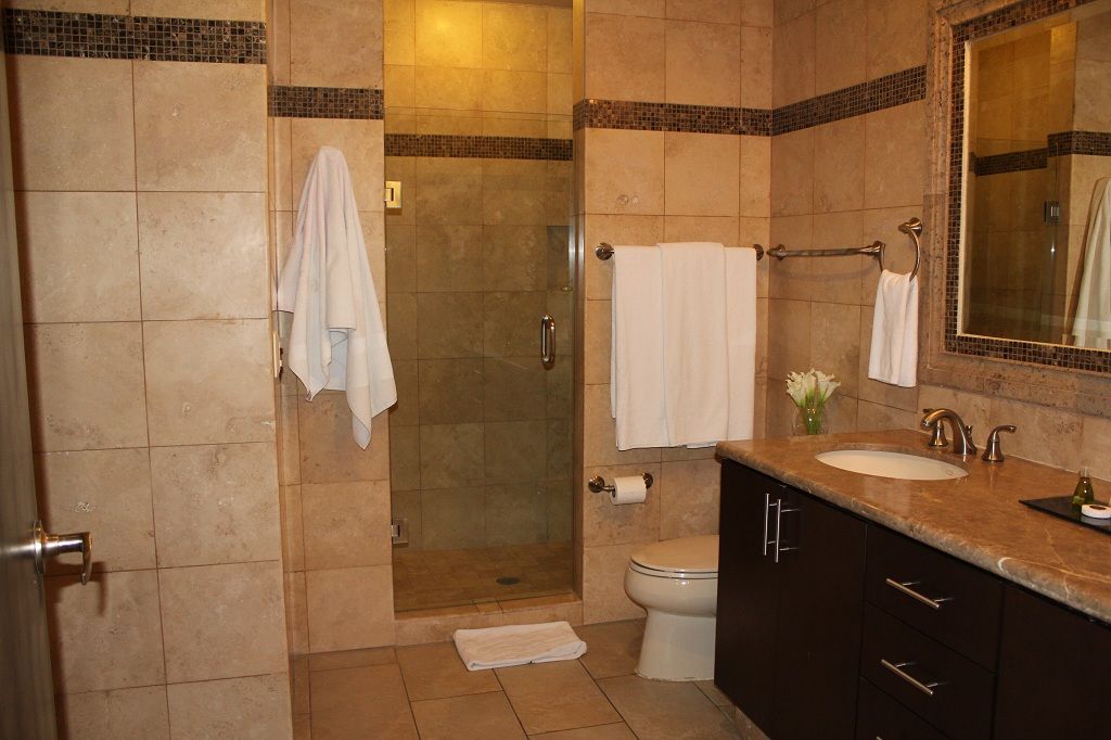 Wide bathroom vanity and shower